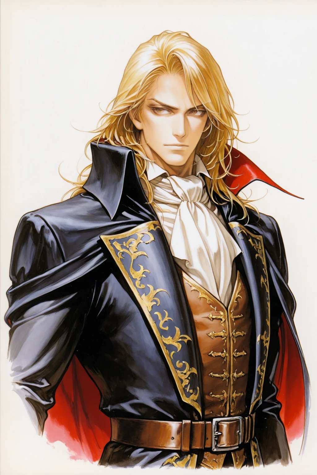 1boy,male focus,solo,long hair,cape,ascot,traditional media,belt,bishounen,manly,white background,blonde hair,upper body,vampire,brown eyes,
<lora:Ayami Kojima_illustriousXL:1.2>,