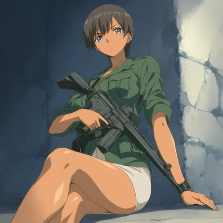 masterpiece,1girl,solo,looking at viewer,<lora:Aki_Kobayakawa ag4o v1:1> aki_kobayakawa, brown hair, short hair, dark skin, blue eyes,military uniform,skirt,gun,