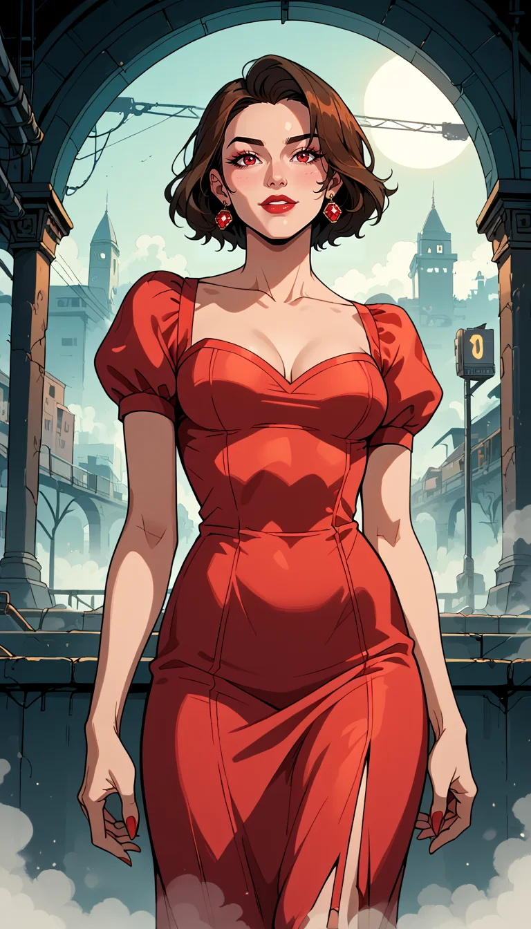 score_9, score_8_up, score_7_up, Western Comics, Cowboy Shot, girl, cute, seductive, innocent, light smile:0.3, plump lips, slender body, solo, dark red dress, fog atmosphere, fashion photography, cinematic photography, vibrant colors, cinematic lighting, abandoned old train station, fog background, depth of field, dynamic angle, fashion photography, sharp, hyperdetailed:1.15