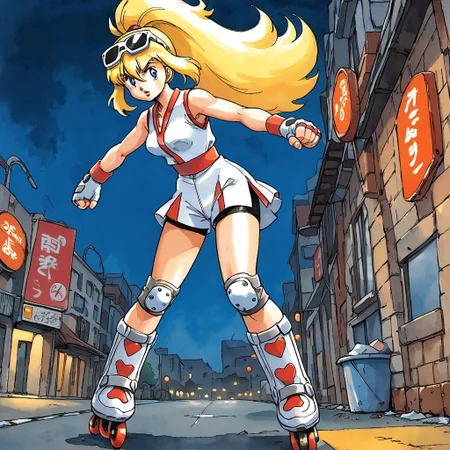 score_9, score_8_up, score_7_up, source_anime, ken sugimori, watercolor \(medium\):0.55, detailed background
EnD_1980s_Style, 1980s (style), retro artstyle, d3t41l3d, from side, solo, female focus
BREAK
wide shot, dutch angle BREAK, korrina, blonde hair, bangs, hair between eyes, sleeveless, white shirt, toned:0.25, white shorts, navel, blue eyes, sunglasses on head BREAK, fingerless gloves, reinforced gauntlets, elbow pads, knee pads, rollerblades|white boots, dynamic, fighting stance, full body, night, city streets, orange lights, streetlamps, neon signs, trash cans, pavement,