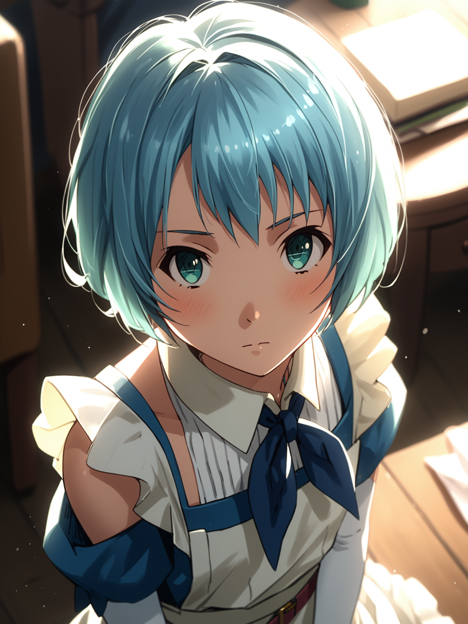 <lora:happy_tentacle-lelei-v0.1-000020:1>, ht_lelei, blue hair, robe, blue bow, belt, necklace , cowboy shot, 1girl, (petite:1.2), solo focus, shy, blush, (looking at viewer:1.1), indoors, furniture, maid, apron, white gloves, elbow gloves , backlighting, (depth of field:0.8), from above, [(realistic, photorealistic:1.2):(realistic:1.3):22], [(3d:1.2)::10], <lora:LUUNA's Lunas-NijiJourney-SDXL-B2:0.5>, nijijourney, <lora:prgfrg23's Counterfeit-V3.0 Style SDXL_LoRA_Pony Diffusion V6 XL:0.35> score_9, score_8_up, score_7_up, score_6_up, score_5_up, score_4_up,