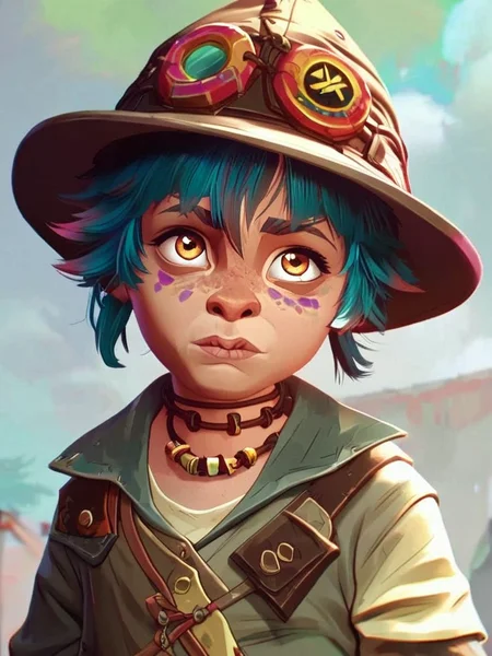 score_9, score_8_up, score_7_up, isha, a character with blue hair wearing a futuristic hat adorned with colorful elements, 1girl, solo, looking at viewer, short hair, shirt, brown eyes, upper body, choker, blurry, necklace, lips, tattoo, colored skin, witch hat, body freckles, volumetric lighting  <lora:arcane_pony_v2:0.9>