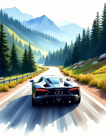 water color image on rough paper, Watercolor illustration of a sleek, high-performance sports car speeding down a winding mountain road surrounded by dense, gradient-like forests and towering peaks under a dramatic sky; vibrant colors blend to create a soft yet detailed effect; textures captured in the vehicle's metallic surface and the environment enhance realism; composition evokes energy and freedom with sharp lines and dynamic perspective; perfect for automotive or action-themed projects where style meets artistic expression. Soft blending, gradient skies, metallic textures, dynamic lines, watercolor style.