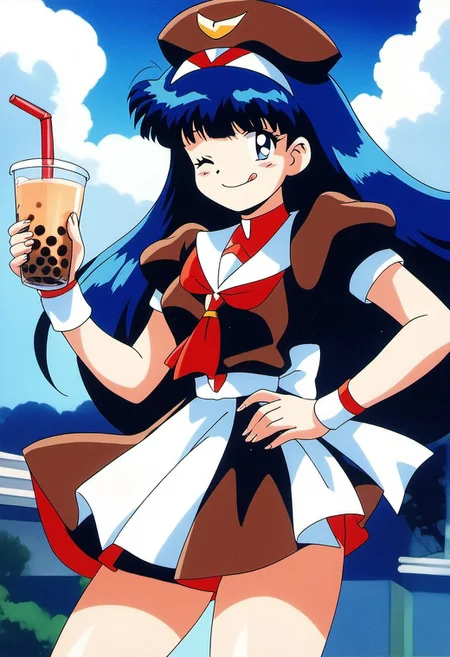 score_9, score_8_up, score_7_up, source_anime, rating_explicit, masterpiece, BREAK <lora:Tsurugino_Hikari_XL:0.8>Tsurugino_Hikari, long hair, blue hair, blue eyes, bangs, ahoge, small breasts,
1girl, solo, brown hat, retro artstyle, skirt, closed mouth, tongue out, v, one eye closed, holding glass, bubble tea, School uniform, smile,
wristband, looking at viewer, puffy sleeves, short sleeves, bow,
brown dress,
dauy, sky, outdoor.