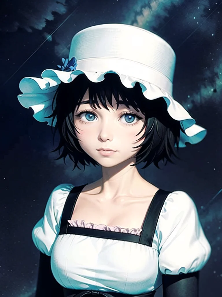 1girl, solo,(best quality),(masterpiece:1.1), hat, dress, looking_at_viewer, neck_ribbon, cute, clear facial skin,