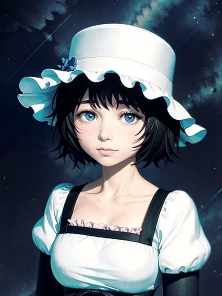 1girl, solo,(best quality),(masterpiece:1.1), hat, dress, looking_at_viewer, neck_ribbon, cute, clear facial skin,