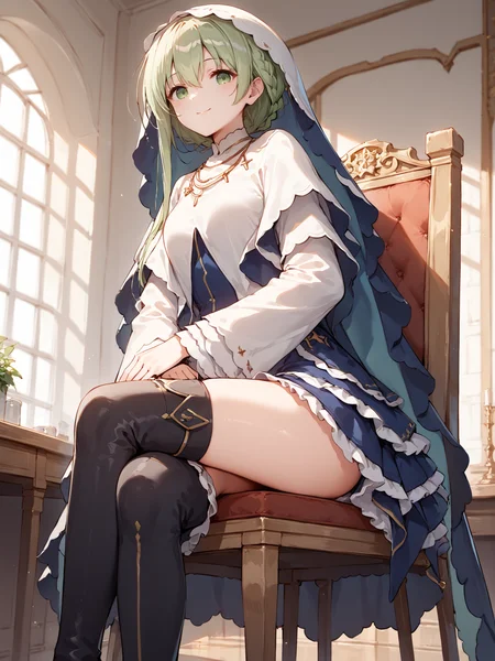score_9, score_8_up, score_7_up,source_anime, high res image,masterpiece,best quality, looking at viewer,
smile, indoors, cowboy shot, sitting, on chair, crossed legs, from side, from below, <lora:CeciliaV2-03:0.8> ((ceciliav2:1.3)), 1girl, green hair, long hair, dress, jewelry, green eyes, hair between eyes, veil, necklace, ((long single sidelock:1.3)), long sleeves, wide sleeves, black thighhighs, frills, zettai ryouiki, blue dress, white dress, parted lips, thighs, skirt, closed mouth, ((folded braid:1.3)), thigh boots <lora:add-detail-xl:2>