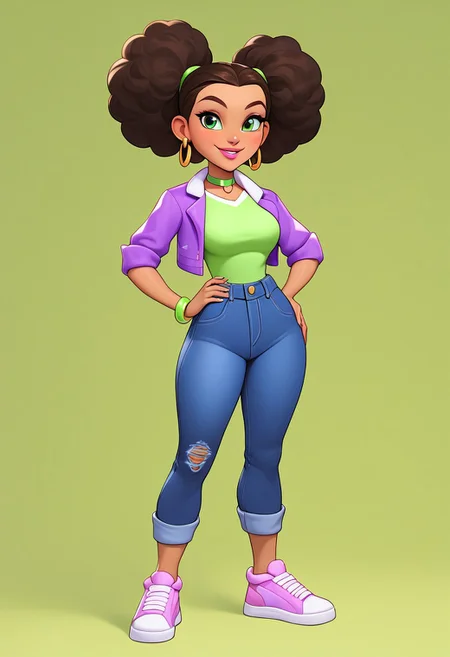 score_9, score_8_up, score_7_up, mercasg, BREAK 1girl, woman, young, solo, smile, medium breasts, thin, (light green eye shadow:1.5), pink lips, ((dark green eyes:1.5)), Afro hairstyle, dark brown hair, gold earrings rings on the left ear, (light green choker around the neck), ((purple cropped jacket with white lapel)), rolled sleeves to the elbows, ((light green long T-shirt:1.5)), dark purple cropped jeans with a torn bottom, pink sneakers with yellow stripes and white laces, BREAK right hand on hip, left hand down:0.8, standing, (full body), semi-sideways, half-sideways, BREAK green blurred background