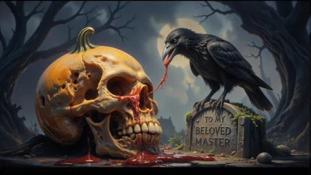 (close-up:1.5) drkfnts style, oil painting art style, Fantasy painting art style (dark theme, dramatic sky, dark clouds:1.3) chilling dark atmospheres
low angle, ,in the foreground a crow sitting atop a human skull atop (a tombstone on the left:1.4) (the crow pecks into the pumpkin with its beak, eat spaghetti:1) (cracked, fissured and juicy, mucus:1.6) (Jack-o'-lantern:1.3) (There is thick red disgusting goo, lyrupy sludge leaking from the holes's. Gross drooling blood goo:1.4)
(the skull is a pumpkin head man with holes:1.5) .( the skull is a melted pumpkin:1.6) (cracked_fissured_skulls pumpkin stem:1.4) dripping,( the crow holds the pumpkin with one claw to tear a piece of flesh from the holes:1.5), (some worms in holes:1.4) (there are a lot of holes in the pumpkin:1.2)
(at the top of a mossy tomb on which is engraved âTO MY BELOVED MASTERâ:1.4). some broken skulls on ground,
(the crow's head is tilted, looking downwards:1.4)
ivy, mossy,
(one old twisted tree on the right in the background:1.5) ((by Tim Burton))( the rule of thirds:1.3)
text is old
dark and eerie atmosphere, fantasy,
<lora:sxz-Dark-Fantasy-v2-Flux:1>
<lora:Horrifier:0.4> Unsettling
<lora:aidmaFLUXpro1.1:0.5> aidmafluxpro1.1
(minimalist background:1.3) , dynamic pose, (perfect compositions,:1.5) (dramatic lighting, rim light, dimly lit:1.2) immersive depth, intricate detailing, adds depth and dimension, (dof, perspective:1.1)
, imaginative, professional-grade execution, creates immersive world and landscape, painterly, epic, magical <lora:aidmaGLOWV4wc:0.5> aidmaglow <lora:flux-drippingcheesestyle:0.6> made out of drippingcheese
(some worms in holes:1.4)