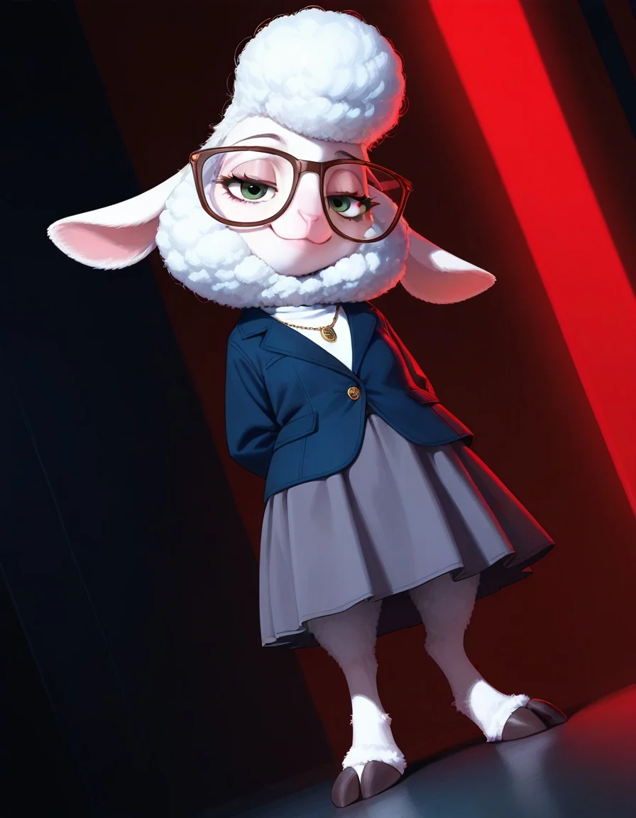 masterpiece, best quality, amazing quality, very aesthetic, high resolution, ultra-detailed, absurdres, newest, scenery, BREAK, detailed background, detailed hair, depth of field, detailed fluffy fur, photorealistic details, volumetric lighting, masterpiece, newest, absurdres, safe, , very aesthetic, absurdres, dawnBW, anthro, furry female, sheep, animal ears, glasses, brown eyewear, green eyes, white wool, white fur, finger hooves, black hooves, grey skirt, white shirt, dark blue jacket, necklace, standing, looking at viewer, smile, dynamic pose, dynamic angle, dramatic angle, closed mouth, fullbody shot, smile, (uneven eyes:0.5), evil eyes, hands behind back, half closed eyes, red lighting, rim light, dark theme, dimly lit, (head tilted down:1.2), , <lora:18f3a372-cc22-4446-9e9e-ad5ca42404d8:1.2>