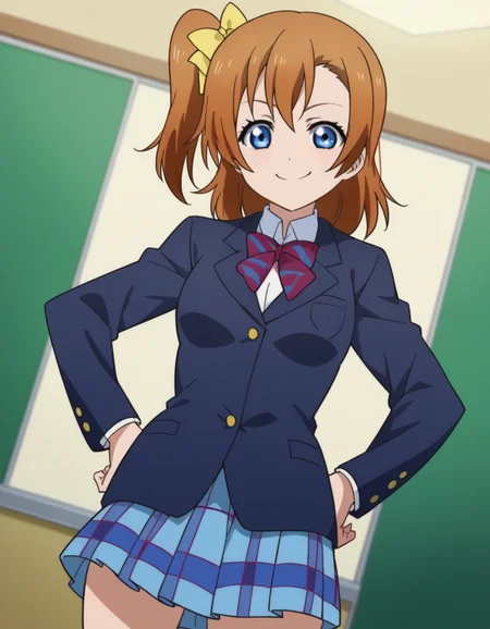 score_9, score_8_up, score_7_up, source_anime, <lora:honoka-kousaka-s1-ponyxl-lora-nochekaiser:1>, honoka kousaka, blue eyes, brown hair, hair bow, orange hair, one side up, short hair, yellow bow,, skirt, school uniform, jacket, blazer, winter uniform, otonokizaka school uniform,, indoors, smug, smile, looking at viewer, solo, hands on hips,, cowboy shot, dutch angle