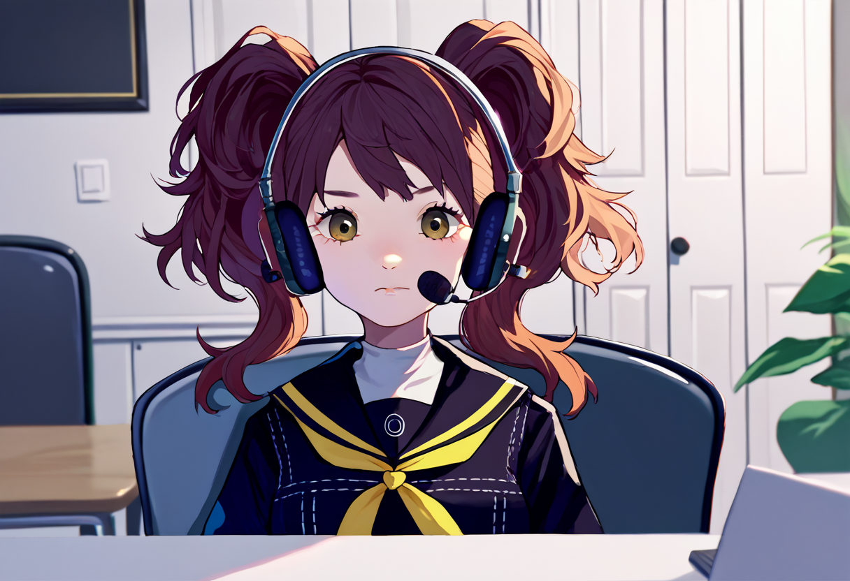 score_9, score_8_up, score_7_up, source_anime, solo, 1girl, kujikawadef, sadlinus, headset, chair, indoors, twintails, yasogami school uniform, black serafuku, yellow neckerchief <lora:concept_sadlinus_ponyXL:1> <lora:persona4_kujikawa_ponyXL:0.9>