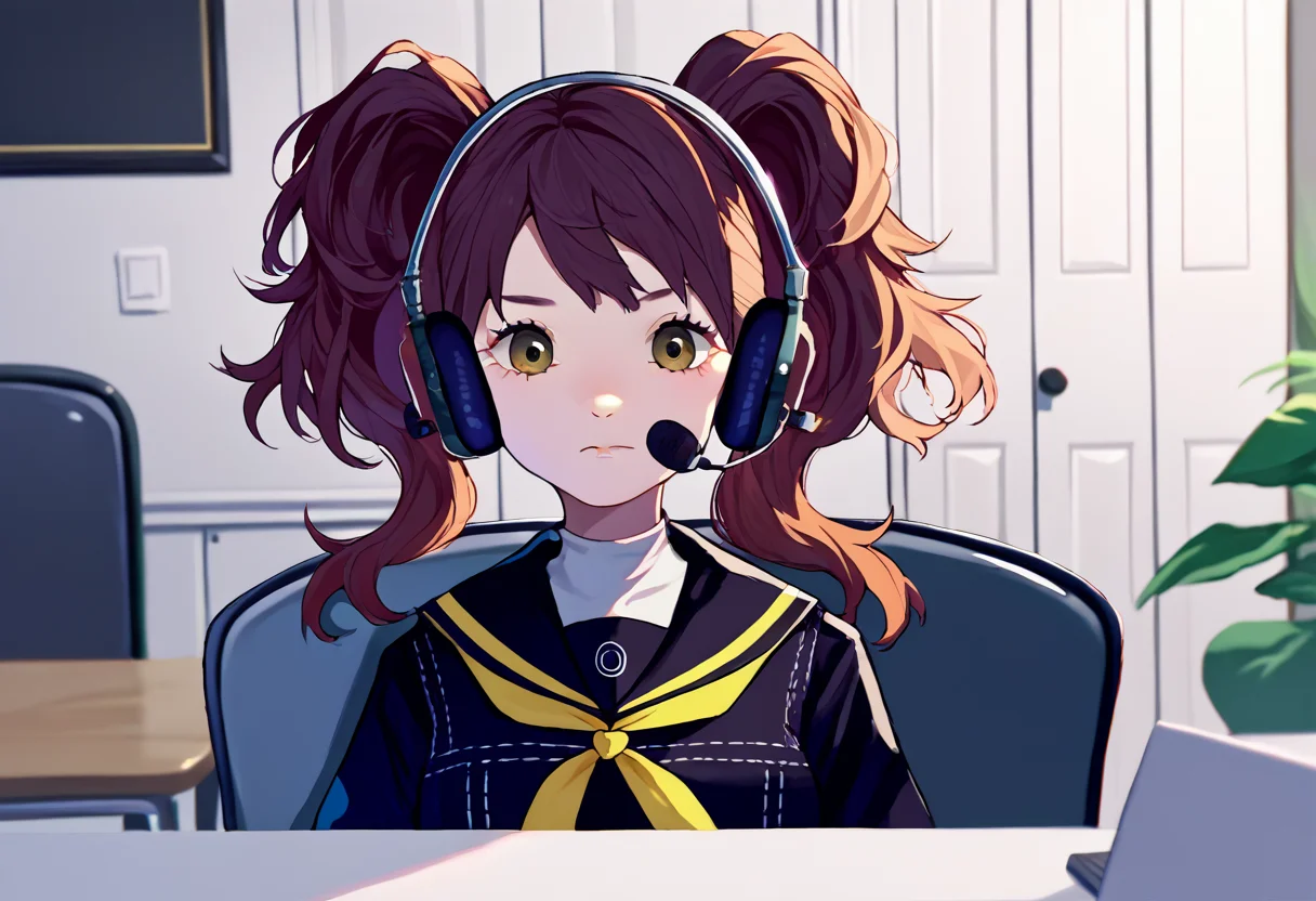 score_9, score_8_up, score_7_up, source_anime, solo, 1girl, kujikawadef, sadlinus, headset, chair, indoors, twintails, yasogami school uniform, black serafuku, yellow neckerchief <lora:concept_sadlinus_ponyXL:1> <lora:persona4_kujikawa_ponyXL:0.9>