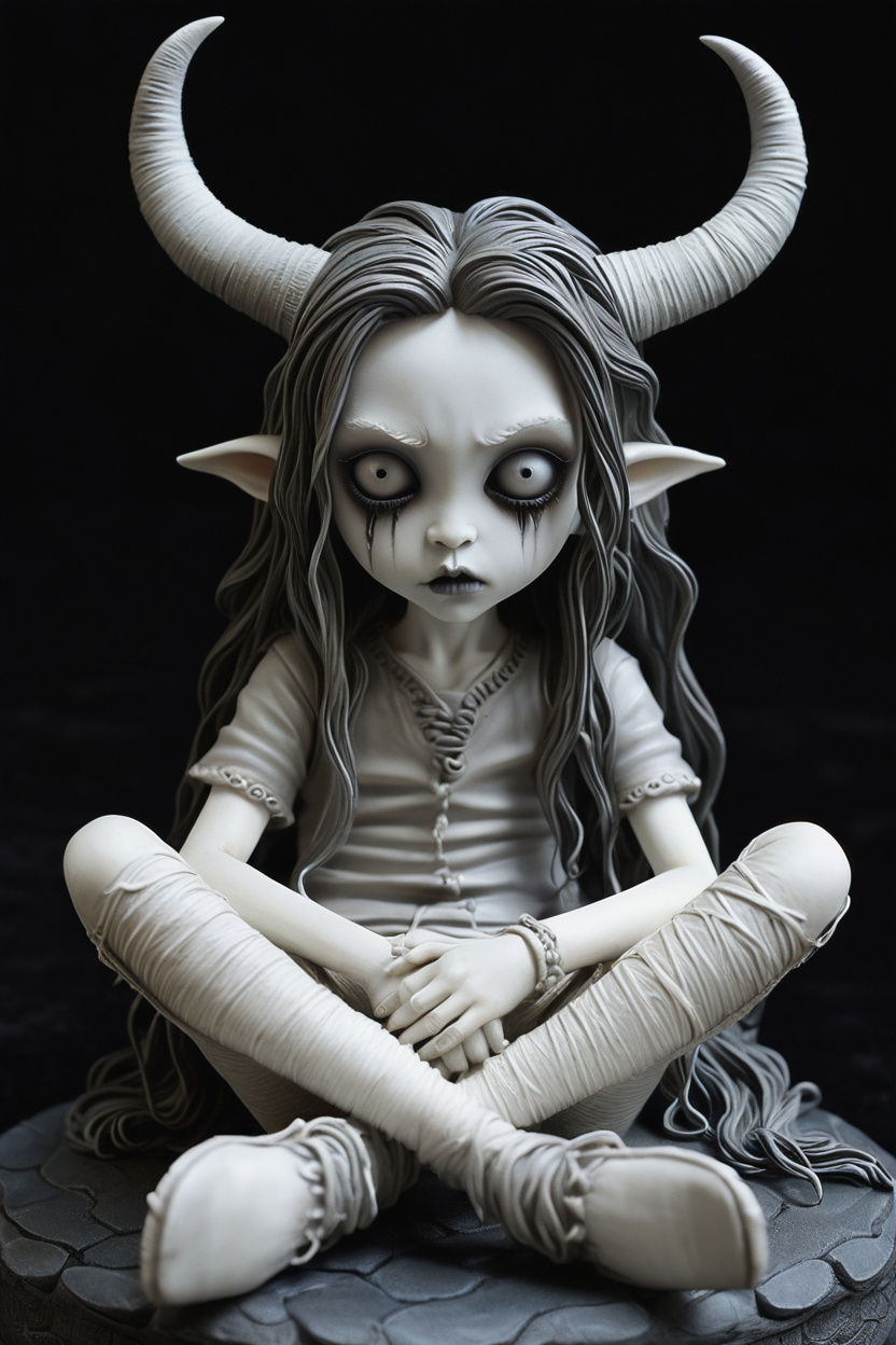 eerie monochromatic figurine of a child-like character with long hair and horns, sitting cross-legged with bandaged limbs, hollow eyes, and an elongated mouth, unsettling horror theme, highly detailed 3d sculpture, surreal and grotesque, inspired by tim burton, masterpiece