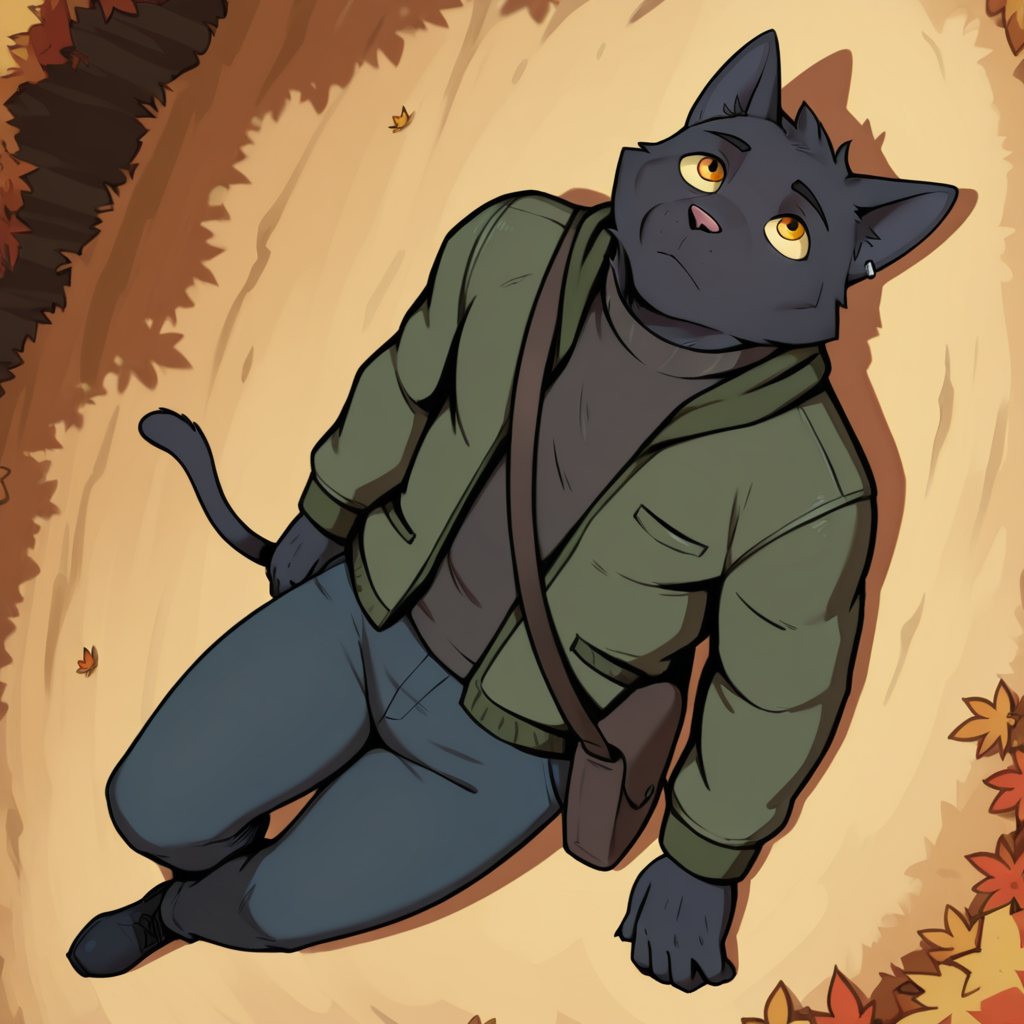 Furry, male, solo, cat, cat boy, black cat, tail, ear piercing, yellow sclera, yellow eyes, green jacket, open jacket, shoulder bag, pants, lying on ground, outdoors, looking up, on back, from above, dynamic angle, dynamic pose, dutch angle, detailed eyes, nice eyes, masterpiece, best quality, amazing quality, very aesthetic, highres, absurdres, detailed background, tomasz <lora:Tomasz_Tyszko:1>