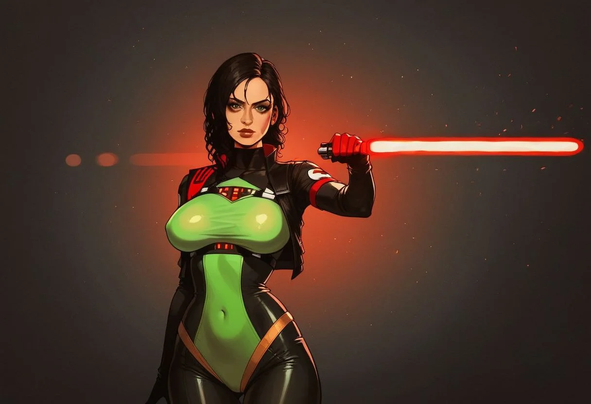 score_9, score_8_up, score_7_up, solo, [tachy:(panam palmer:1.2)],  beautiful girl, hearts, seductive, green eyes, tight, visible skin, naughty pose, (stellar blade orange neon bodysuit, tight bodysuit, wedgie bodysuit:1.5), 
bdsm, collar cyberpunk Samurai jacket, (female, red fire magical slim skin:1.14), Large linen cape, (nice face), (black harness, tight huge massive black firm breasts:1.1), surrounded by a detailed spacescape with translucent carbon bodysuit, black dark-amber Highlights, (black red neon, emissive), (yellow smoked particules, hyper-detailed,:1.14) sharp, high resolution, high quality, 32K, Ultra realistic, HD, super detailed, line art, abstract style, (shinny skin, wavy hair:1.5), (star wars bad inquisitor:1.5), (circle hard powerful redblack light saber:1.2), (well formed five fingers hands on light saber:1.27)