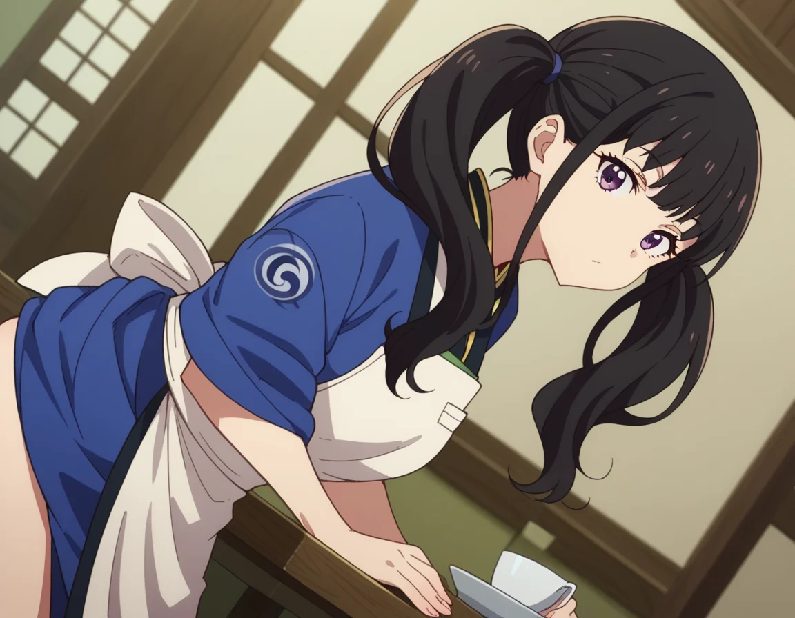 score_9, score_8_up, score_7_up, source_anime,
takinainoue, <lora:takina-inoue-s1-ponyxl-lora-nochekaiser:1>,
inoue takina, long hair, bangs, black hair, purple eyes,
twintails, japanese clothes, kimono, apron, waist apron, blue kimono, waitress,
indoors, bent over,
looking at viewer, cowboy shot, dutch angle, solo,