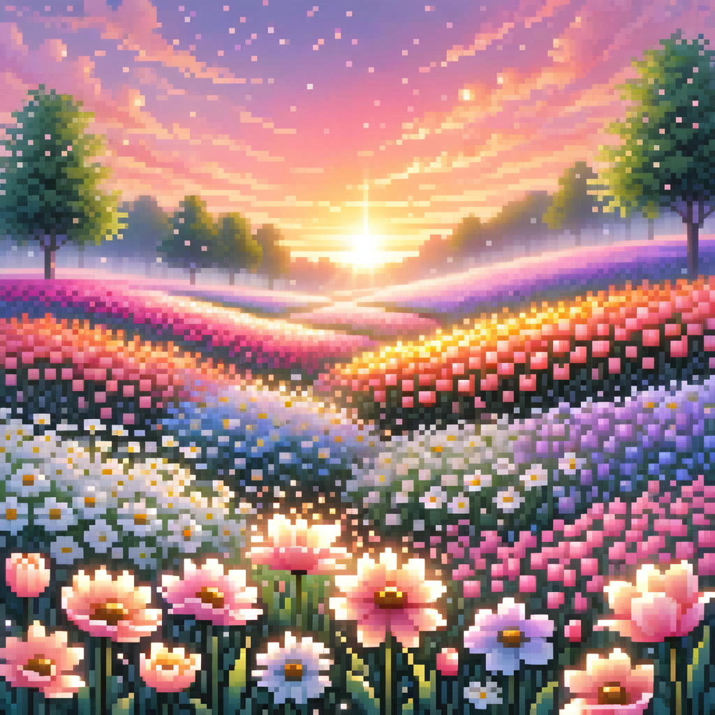 score_9, score_8_up, score_7_up, score_6_up, official art, A dreamy flower field filled with vibrant daisies, tulips, and wildflowers, bathed in ethereal golden-pink sunset light. Fluffy pastel clouds scatter across the sky, with beams of light filtering through, casting a magical glow. The air is filled with floating petals and shimmering sparkles, creating a whimsical and serene atmosphere  <lora:UwU_Pixels:1>