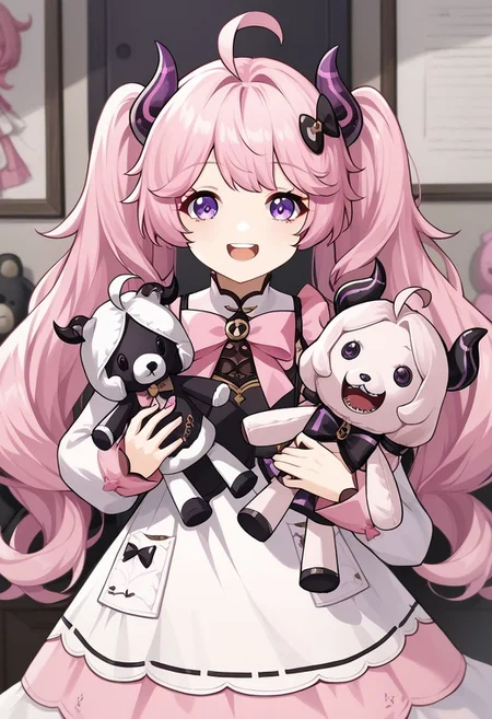 wuthering waves style, 1girl, pink hair, purple eyes, stuffed toy, long hair, open mouth, looking at viewer, ahoge, smile, holding, horns, stuffed animal, twintails, bow, hair ornament, solo, teeth, dress
zPDXL2