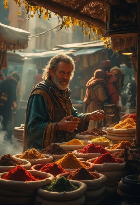 The masterful photograph captures a vibrant fantasy world  spice merchant’s stall at dawn, set in a bustling market. Sacks of colorful spices—rich reds, yellows, oranges, and browns—are neatly stacked, glistening under the soft morning light. The old, wise, merchant, dressed in robes with subtle golden and cyan accents, stands behind the counter ready to engage early customers. His warm expression and poised demeanor invite passersby to explore the exotic goods.
Above the stall, a woven canopy filters the sunlight, casting dappled shadows over the vibrant spices, adding a soft golden glow. To the side, a small brazier emits tendrils of fragrant smoke, further enhancing the atmosphere with the earthy aroma of the spices. Behind the merchant, other vendors are busy setting up their stalls, adding depth to the scene.
The composition centers the stall, with the merchant behind the spice counter slightly off-center to the left, following the rule of thirds. The background, blurred and out of focus. The scene captures the morning hours magic, blending rich textures, colors, and scents that invite the viewer into the moment.
Use vibrant colours incorporate accents of cyan and gold across the whole image.
Create a dense, rich atmosphere.
