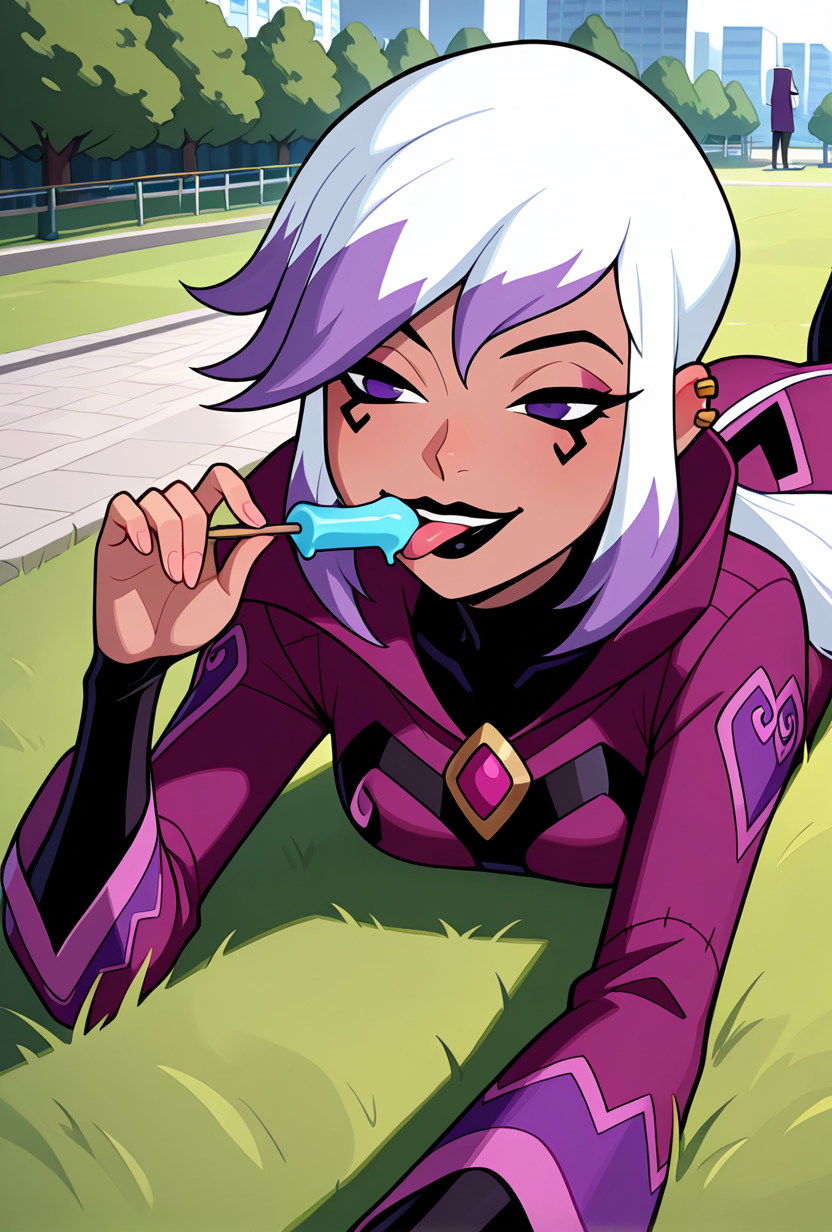 <lora:charmov:1> charmov, long hair, ponytail, , white hair,, 1girl, multicolored hair, purple eyes, ear piercing, two-tone hair, makeup, solo, long sleeves, black lips, purple jacket, long jacket, popped collar, facial expression, smile, dynamic pose, in public park, prone, on grass, licking lollypop, half closed eyes,, masterpiece, best quality, amazing quality, very aesthetic, absurdres, newest,