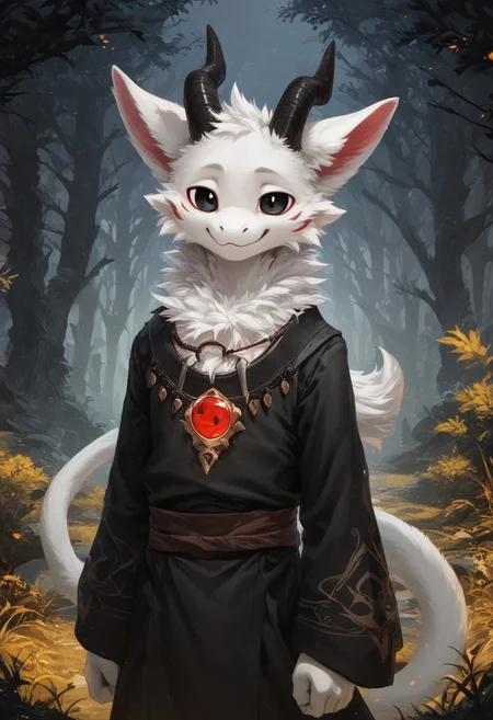 (male solo), (fine face, highly detailed face), Detailed Eyes, prick ears, 1boy, solo, young, cute, furred dragon, anthro dragon, furry, black eyes, white body, detailed eyes, mage clothing, smile, huge red amulet necklaces, Black long Robe, black tunic, mage outfit, 2 black horns, forest background,
4k, 8k, hd, standing, tree, grass, standing, lit by moonlight, night, night sky, cloud, glowing,
(depth of field, bokeh: 0.8),
dark hour, blue countershading, score_9, score_8_up, score_7_up, score_6_up, score_5_up, score_4_up, ponypositive,