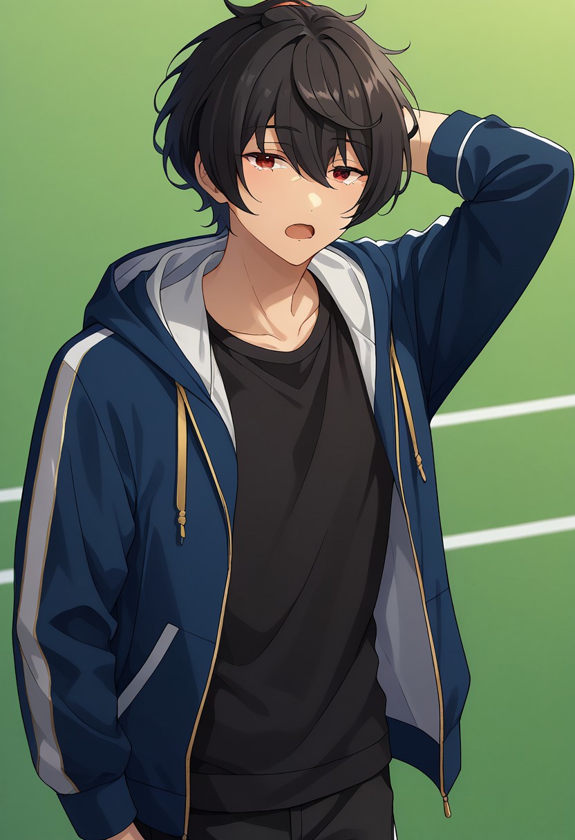 score_9, score_8_up, score_7_up, source_anime, highly detailed, 
ritsusakuma, 1boy, male focus, black hair, solo, jacket, pants, black pants,
shirt, hood, looking at viewer, red eyes, black shirt, open jacket,
open clothes, drawstring, bangs, hair between eyes, track jacket,
track suit, yawning, sleepy, tears, upper body, stretching
indoor,