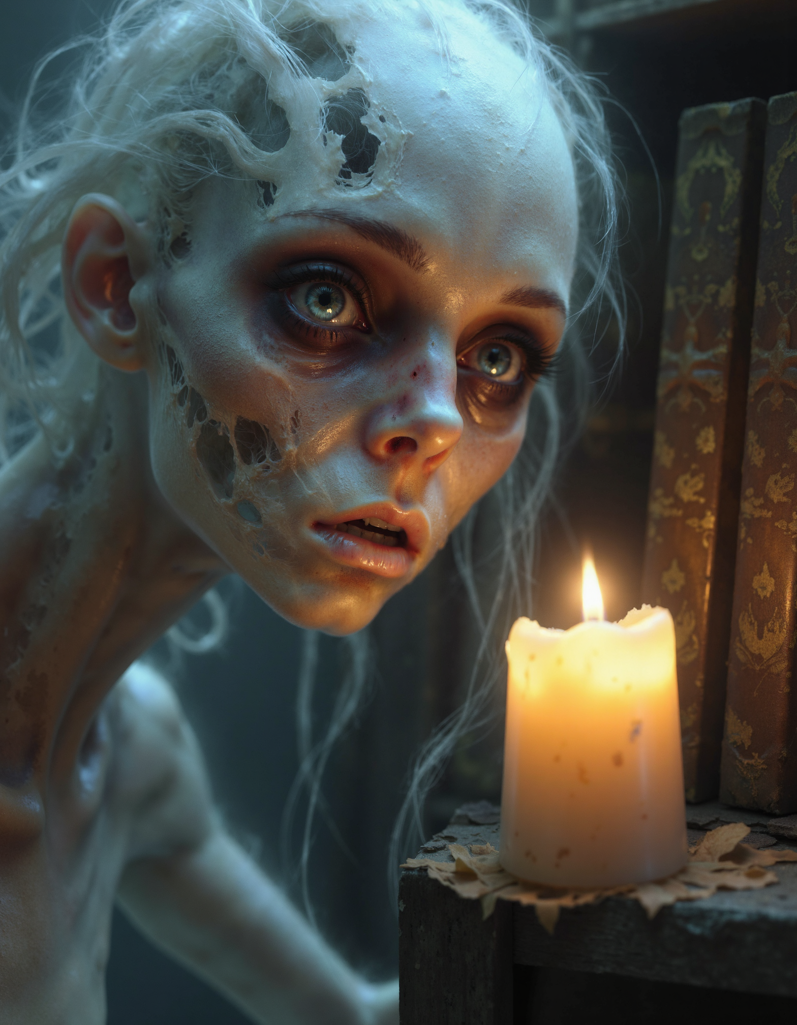zavy-ghst, Extreme macro close-up of a ghostly face with features softly blurred, translucent skin glistening like dew, wispy strands of iridescent vapor swirling instead of hair, the ghost is gazing intently at a flickering candle flame, set against a backdrop of an ancient library filled with dust-covered tomes and cobwebs, ethereal and haunting photographic style with a dreamlike quality, color palette of muted pastels interspersed with deep shadows and hints of soft gold.