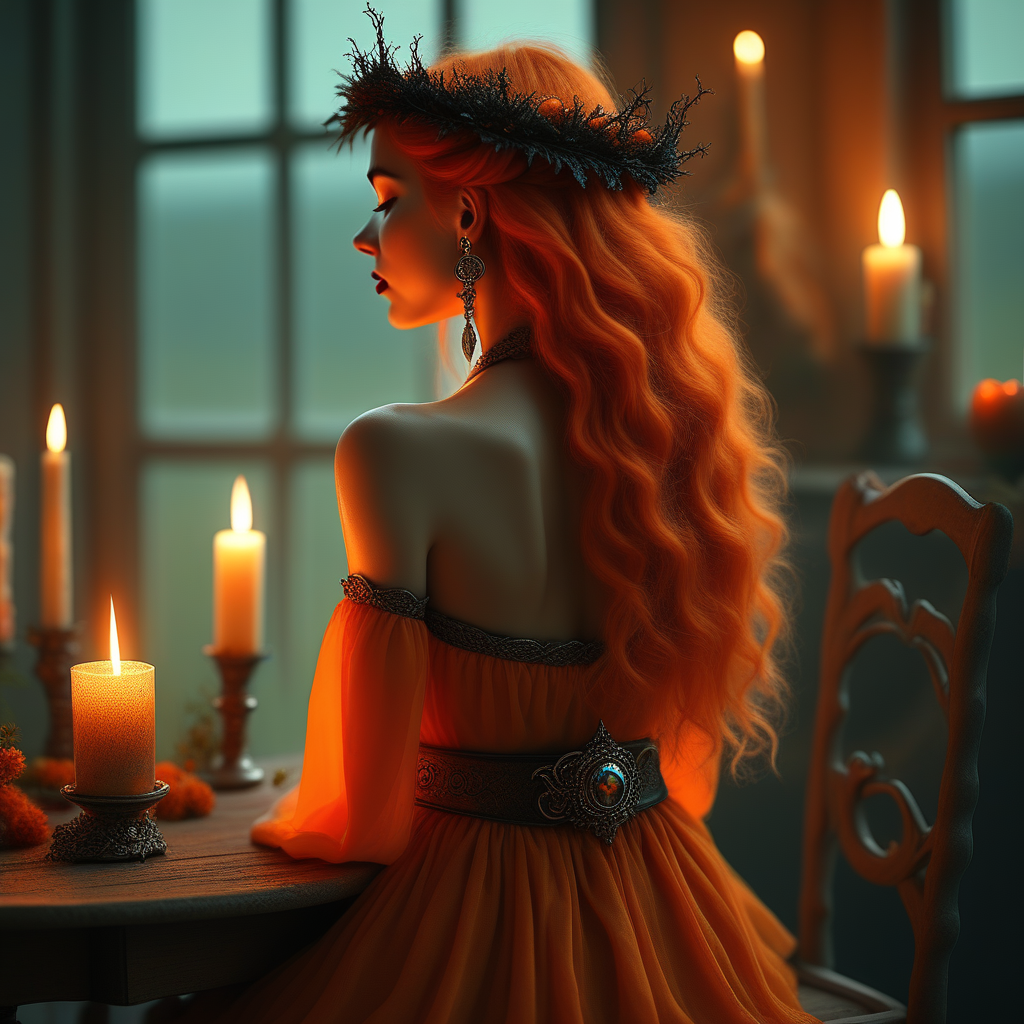 witch hat, wavy hair, braid, gem, facing away, belt, earrings, head wreath, arms at sides, from side, candlelight, closed eyes, wiccan_witch, long skirt, strapless, orange dress, lipstick, long sleeves, sitting, wicca, sleeveless, french braid, ring, table, sky, facial mark