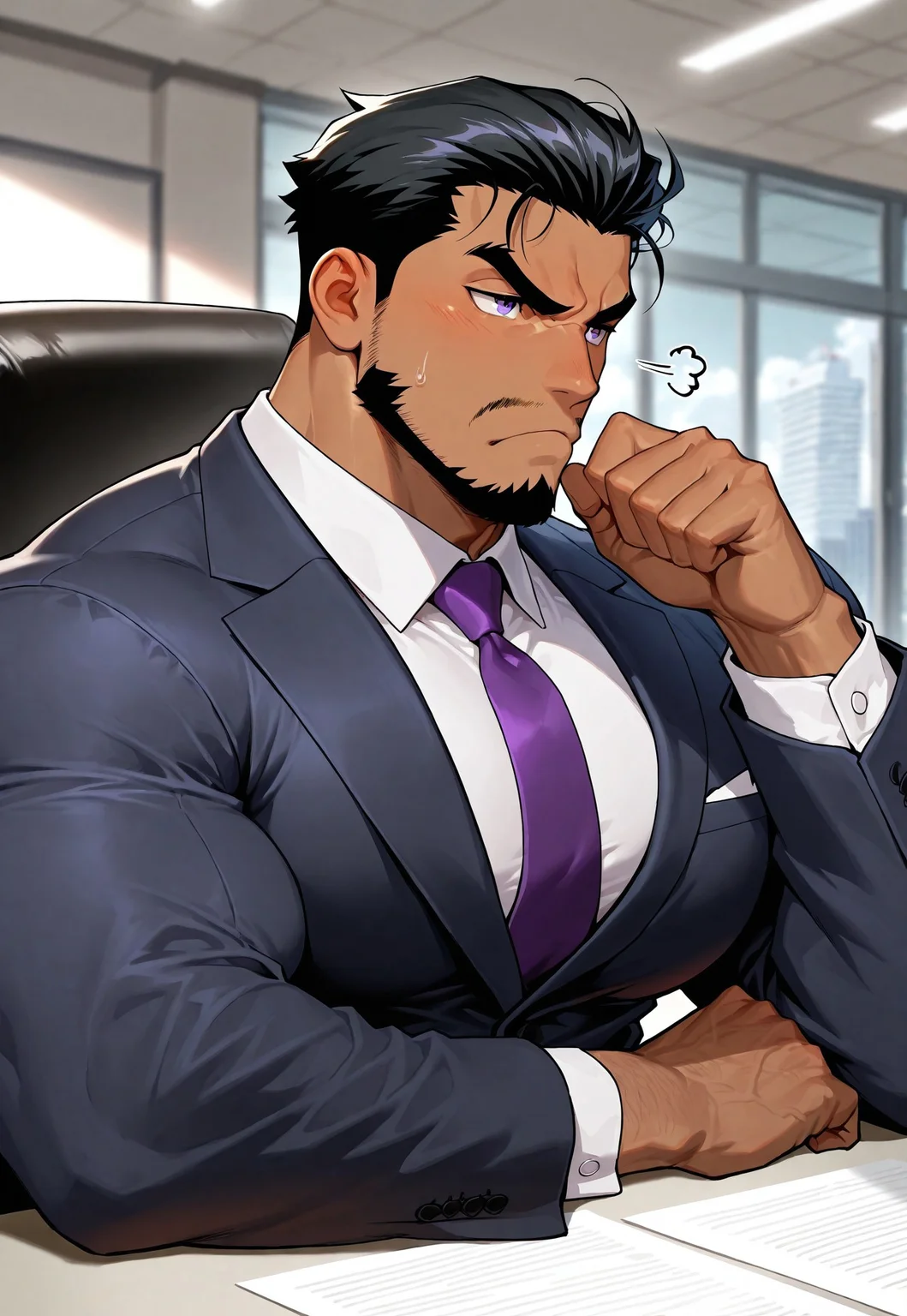 Intricate Details, Masterpiece, Best Quality, 1man, mature, bara, solo, male focus, correct anatomy, perfect hands, stylized seinen anime style, lots of details, shaded, detailed shading, detailed skin, counter shading, handsome, black hair, black facial hair, hyper-muscular, hyper pecs, brown skin, purple eyes, business suit, angry, sitting, sitting in chair, thinking pose, office background