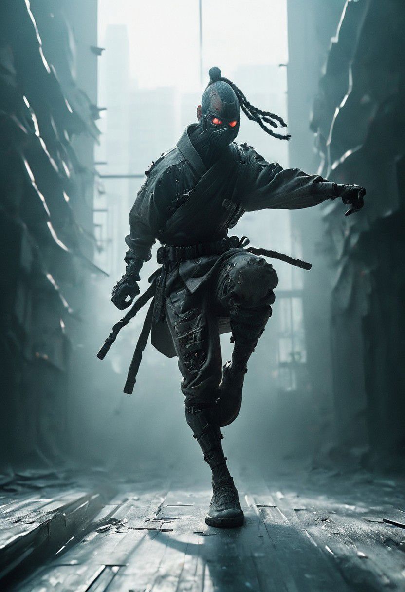 closeup, fight stance, high kick, knee Up, a dark ninja hobo, freak in ugly costume, in a dystopian bladerunner flaired megacity skyscaper shiny floor with huge window to neo tokyo,
very detailed, atmospheric haze, Film grain,  atmospheric lighting,
