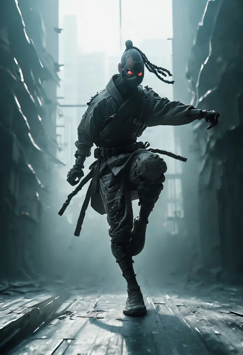 closeup, fight stance, high kick, knee Up, a dark ninja hobo, freak in ugly costume, in a dystopian bladerunner flaired megacity skyscaper shiny floor with huge window to neo tokyo,
very detailed, atmospheric haze, Film grain, atmospheric lighting,