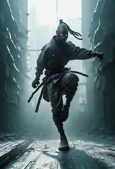 closeup, fight stance, high kick, knee Up, a dark ninja hobo, freak in ugly costume, in a dystopian bladerunner flaired megacity skyscaper shiny floor with huge window to neo tokyo,
very detailed, atmospheric haze, Film grain, atmospheric lighting,
