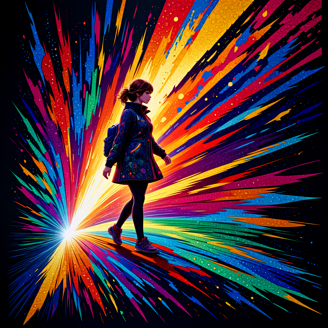 Kinetic art style with moving elements, often powered by wind or other natural forces, creating dynamic and ever-changing compositions, Abstract realism style with a blend of realistic elements and abstract interpretations, Pointillist style with small, distinct dots of color that blend together to form an image, Diagonalization shifting colours, stark contrasts, mixed dimensionality, erratic, sharp, fine, noisy, dots, pointillism, Drifting, Traverse, Temples, Unease, discomfort, awkwardness, self-consciousness, Shift the eyes, fidget, and bite the lip, small dots, distinct, blend together, dotted, intricate, optical illusion, vibrant, detailed, abstract realism, blend, realistic elements, abstract interpretations, innovative, experimental, dynamic, thought-provoking, kinetic art, moving elements, wind-powered, dynamic, ever-changing, innovative, interactive, modern