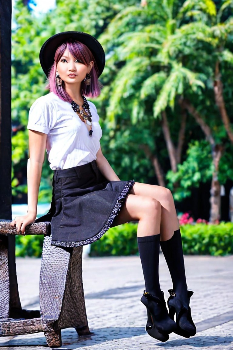 (((dating-pov))), irresistible-1girl, wolf-cut-hair-style, (((casual))), v1cm1n1,  skirt, thighhighs, hat, boots, jewelry, outdoor-dinner, photo background, Ultra-HD-photo-same-realistic-quality-details