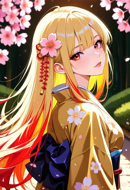 masterpiece, best quality, good quality, very aesthetic, absurdres, newest, 8K, depth of field, focused subject, artist:moriimee, BREAK  intricate linework with expressive contrasts, soft lighting with dynamic highlights, image of a Japanese woman in a silk red and gold kimono, long bioluminescent hair, bangs, sakura flower in her hair, walking along a wooded trail, turning her head to look back at the viewer