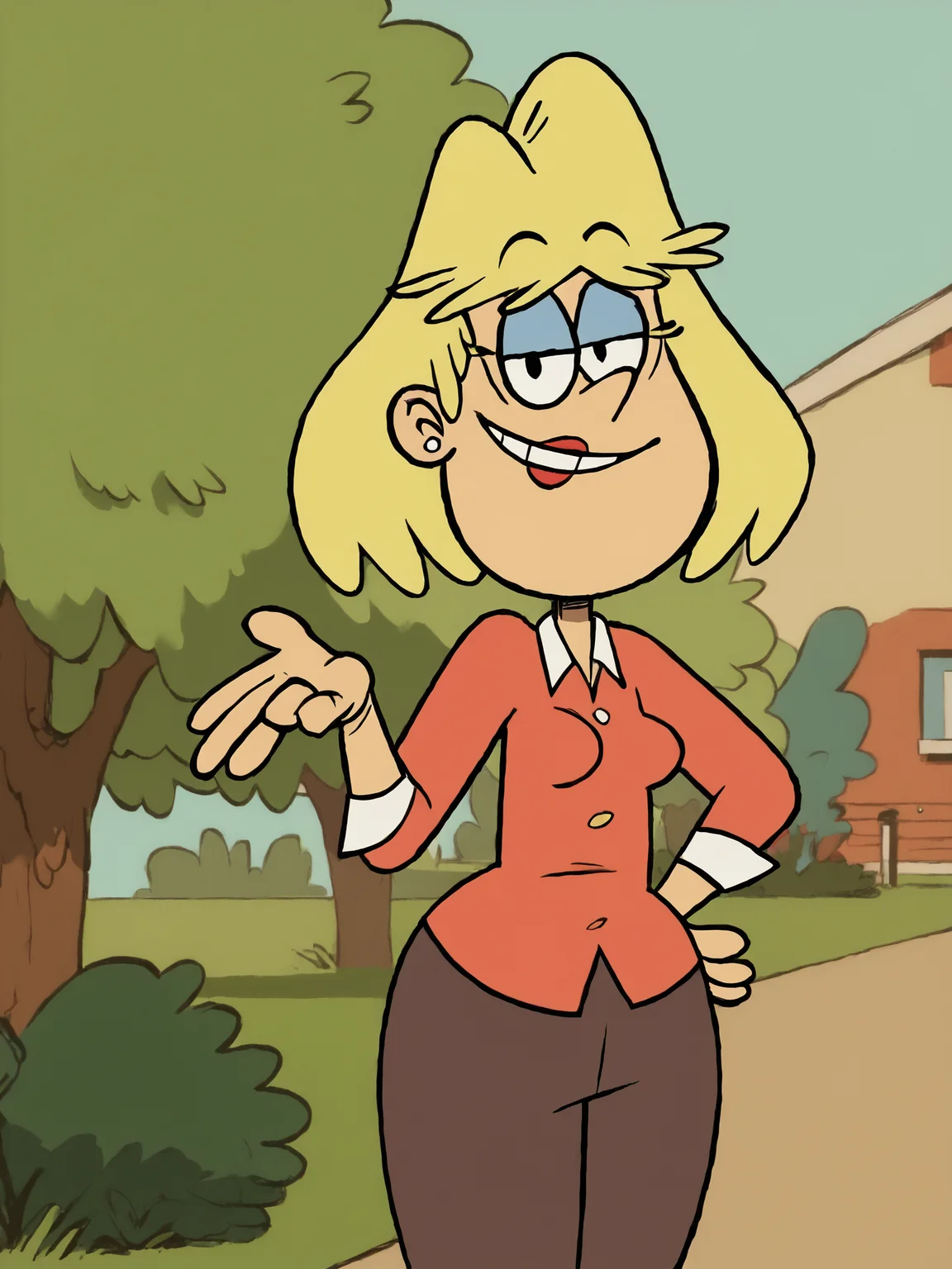1girl, solo, blonde hair, short hair, earrings, jewelry, rita loud, smile, shirt, pants, style parody, breasts, rita_loud, standing, stud earrings, lipstick, score_9, score_8_up, score_7_up, score_6_up, score_5_up, score_4_up, smile, outdoors, looking at viewer, <lora:RitaLoudPony1.1:1>