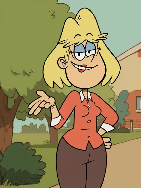 1girl, solo, blonde hair, short hair, earrings, jewelry, rita loud, smile, shirt, pants, style parody, breasts, rita_loud, standing, stud earrings, lipstick, score_9, score_8_up, score_7_up, score_6_up, score_5_up, score_4_up, smile, outdoors, looking at viewer, <lora:RitaLoudPony1.1:1>