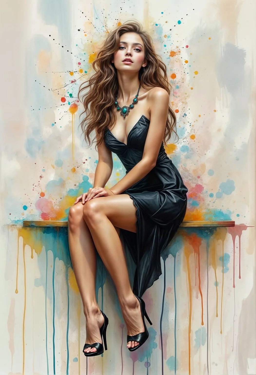 The image is an artistic digital painting of a woman sitting on a ledge. She is wearing a black dress, high heels, and a necklace, with her long hair cascading down her shoulders. The background features vibrant splashes of paint in various colors.