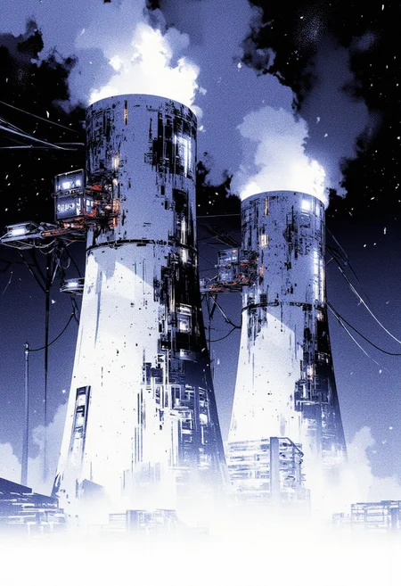 Inkpunk Anime, Abstract digital painting in the style of ck-js, towering white thermal power station towers rise above a white, desolate landscape, fog and steam hanging in the air from the power generated by the power station, lights and circuitry visible on the towers, dark night with snow falling, snowflakes, dark background