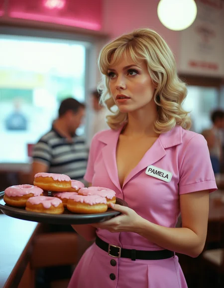 photography, detailed, 1980s us diner, a woman holding a tray of pink donuts, she has a pink uniform with name tag "PAMELA" big 80s blonde hair, big boobs, cleavage