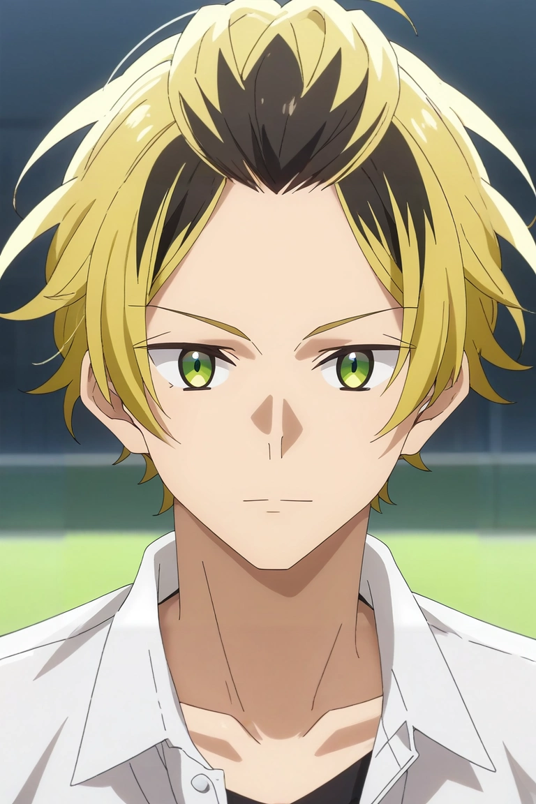 score_9, score_8_up, score_7_up, source_anime, rating_safe, , (3d:0.4), looking at viewer, depth of field, 1boy, solo, male focus, <lora:gonzaburou_tashiro_pony:0.76>, gonzaburou_tashiro, blonde hair, green eyes, short hair, multicolored hair, two-tone hair, streaked hair, black hair, , , , <lora:sdxl_lightning_8step_lora:1>