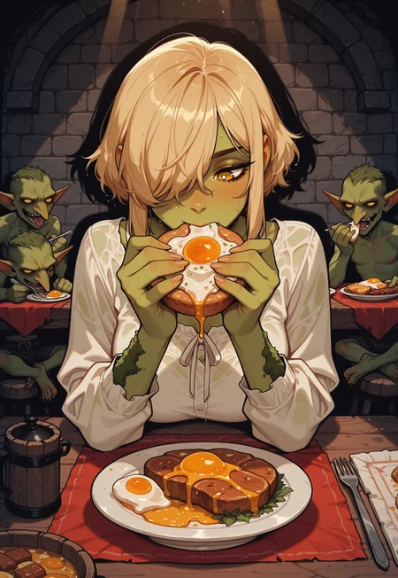 score_9, score_8_up, score_7_up, masterpiece, best quality, very aesthetic, 1girl, incoth, (incase:0.6), detailed face, (dynamic:1), stylized, illustration, white pupils, golden eyes, blonde, hair over one eye, detailed eyes, curvy, small table, table cloth, sitting at table, breakfast, food, buffee, eating, casual, casual outfit, comfy, dark, dungeon, wet, goblin, moss, chains, spotlight, serene, 