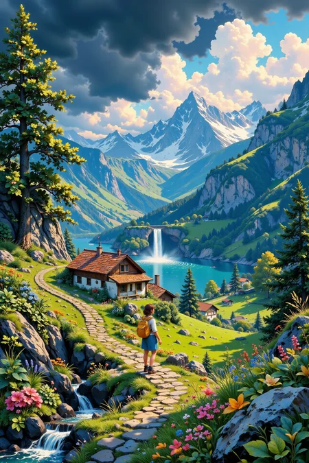 Swiss beautiful landscape, rain and storm, woman, very intricate, very detailed, sharp, bright, colorful, <lora:Hand v2:0.5> <lora:Anti-Blur:1><lora:Insane Detail Slider:0.25>  <lora:flux.1_lora_flyway_Epic-detail_v2:0.3> <lora:fluxenhancer:0.25> <lora:ROWER:0.6> <lora:flux-charmer-v1-1:0.4>  <lora:Cute_Collectibles:1>  <lora:n1j1-5-12:1> n1j1