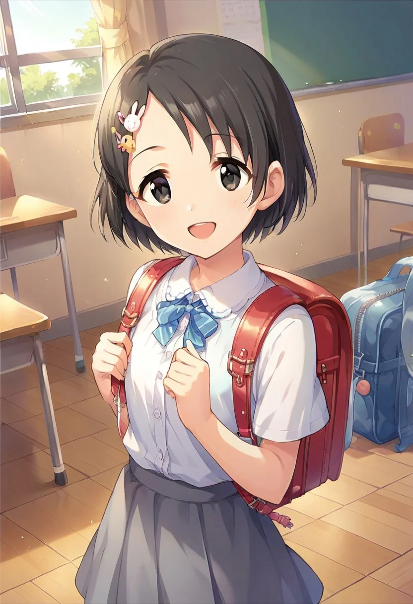 score_9, score_8_up, score_7_up, source_anime,sasaki chie, short hair, black hair, black eyes, 1girl, backpack, solo, randoseru, rabbit hair ornament, hair ornament, bag, smile, hairclip, open mouth, classroom