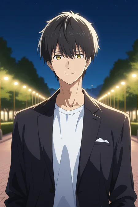 masterpiece, best quality, amazing quality, very aesthetic, high resolution, ultra-detailed, absurdres, newest, scenery, volumetric lighting, depth of field,anime screencap, , , 1boy, solo, male focus, <lora:kuro:0.92>, kuro sakuragawa,black hair,yellow eyes,short hair,looking at viewer, shirt, jacket, white shirt, upper body, black jacket, formal,smile,outdoor,night,park