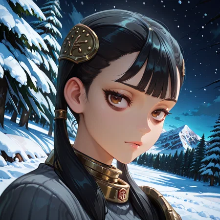 <lora:ChamIllustriousBackgroundEnhancer:0.5>, masterpiece, very aesthetic, absurdres, best quality, amazing quality, high resolution, newest, very awa, scenery, (looking at viewer), <lora:spo_sdxl_10ep_4k-data_lora_Illustrious:0.8> <lora:StabilizerIllustrious:0.8> , masterpiece, beautifully drawn, elegantly detailed, solo, <lora:AsheiIL:0.8> , AshDef, 1girl, black hair, twintails, hair over shoulder, brown eyes, bags under eyes, hair ornament, gorget, grey sweater, ribbed sweater, single pauldron, looking at viewer, exterior, forest, snow, mountains, night, (close-up), portrait, centered, dutch angle,