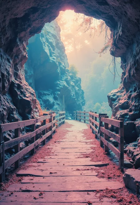 Pastel color art, brush stokes, jagged lines,A wodden bridge pathway , inside a cave , sunlight from the top , fantastic lighting,