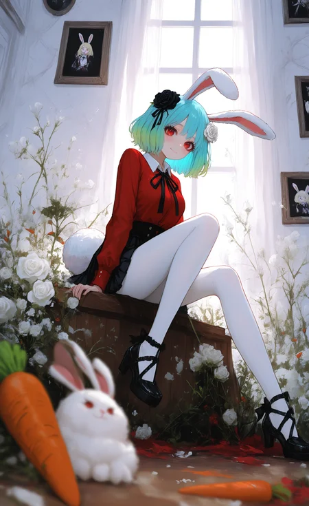 masterpiece, best quality, good quality, very awa, very aesthetic, absurdres, newest, carrot \(one piece\), 1girl, solo, looking at viewer, short hair, shirt, skirt, blonde hair, long sleeves, hair ornament, red eyes, animal ears, ribbon, closed mouth, sitting, blue hair, tail, full body, flower, multicolored hair, pantyhose, pleated skirt, green hair, collared shirt, indoors, black skirt, hair flower, miniskirt, black footwear, rabbit ears, high heels, window, neck ribbon, black ribbon, gradient hair, rose, white flower, curtains, red shirt, rabbit tail, white pantyhose, rabbit girl, carrot, white rose, picture frame, black flower, black rose,Blurred foreground,smile, happy, <lora:NOOB_vp1_detailer_by_volnovik_v1:0.35> <lora:noobai_ep11_stabilizer_v0.138_fp16:0.4> <lora:ponyv6_noobV1_2_adamW-000017:0.7> <lora:ç»ªå¿_åæ¶æå¾åå½±è´¨æå¢å¼ºV3:0.3> <lora:r17329_illuu:0.3> <lora:748cmXL_NB11_lokr_V6311P:0.7>