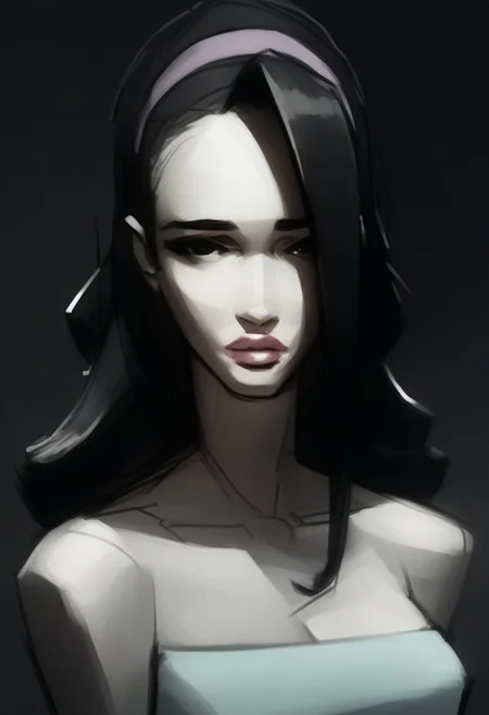 score_9, score_8_up, score_7_up, portrait, digital painting of Marnie, 1girl, black hair, long hair, black eyes, hairband, lipstick, large breasts, narrow waist, tube top, navel, looking at viewer, black background, high contrast, shadows, charcoal sketch, full lips